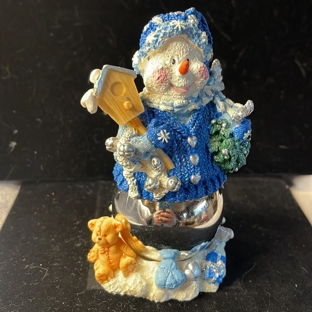 Vintage Blue & White Sparkling Snowman Silver Ornament Base Figurine
